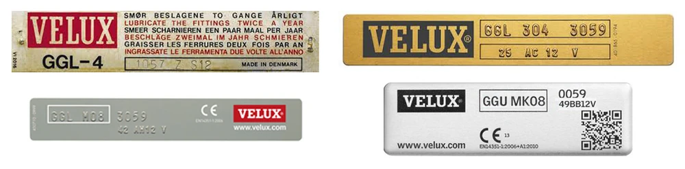Quatre plaques signalétiques VELUX de différentes générations, portant les références GGL-4, GGL 304 3059, GGL M08 3059 et GGU MK08
