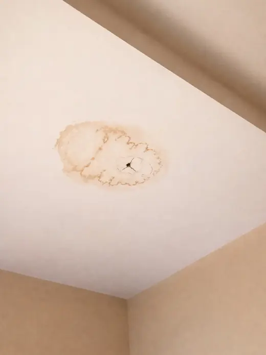 Tache d'humidité au plafond du dernier étage, signe d'une infiltration par le toit terrasse